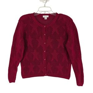 Christopher & Banks Star Open Knit Cardigan M Red Star Buttons Crochet Sweater